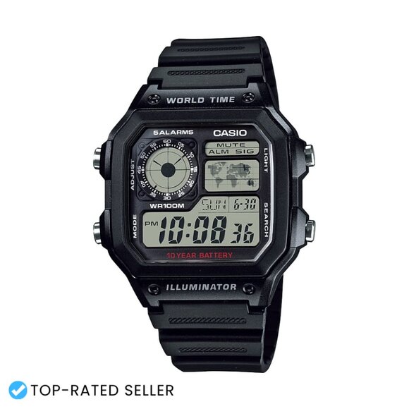 Digital Quartz Watch 100M Water Resistant Multi Alarms Stopwatch World Time